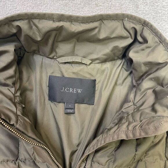 J. Crew Womens Full Zip Quilted Down Puffer Jacket Olive Green Medium Barn Coat - Picture 3 of 5